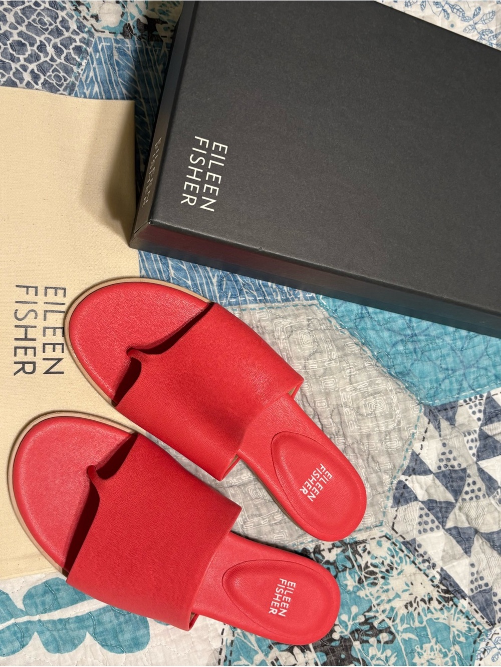Eileen Fisher Watermelon Leather Slide Sandals Minimalist Slip On Flats NIB